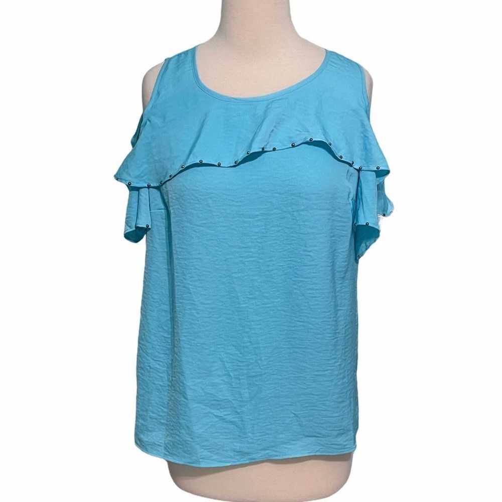 JM Collection Cold Shoulder Studded Top Short Sleeves Ruffles‎ Bright Blue Small